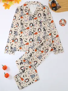 Women's Halloween Pumpkin Bat Floral Print Pajama Set, Lapel Long Sleeve Cardigan & Elastic Waist Pants, All Seasons Sleepwear Home Wear