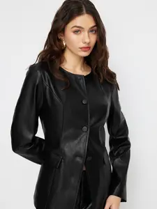 Cider Faux Leather Round Neckline Long Sleeve Jacket