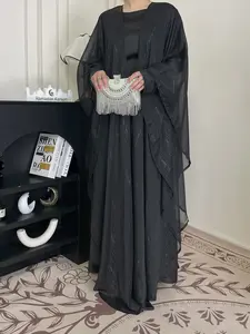 Elegant Fashion Luxury Gold Thread Shawl Dress Set, Round Neck Sparkle Waist Belt Abaya Suit, Three-Piece Stylish, Round Neck Abayas, Belted Abaya