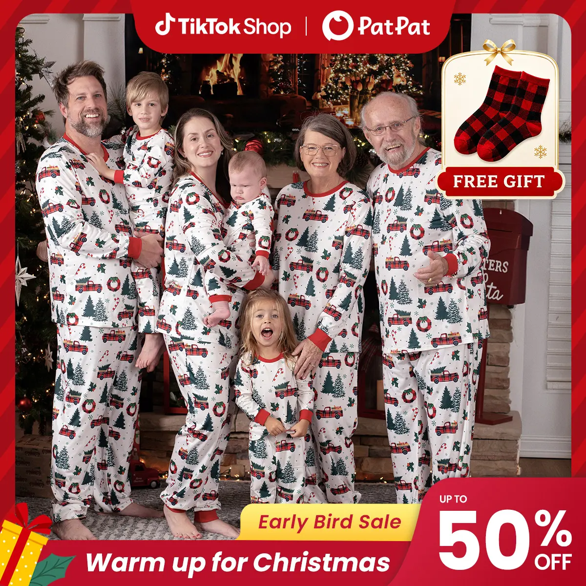 PatPat Christmas Pajamas Soft & Stretchy Family Matching  Long Sleeve Sets Christmas Cars Patterned Sleepwear for Women Men Couples Adult Kids,Cute Pajama,Cozy Pajamas ,Flame Resistant,autumntok,wintertok,BFCM Early Bird