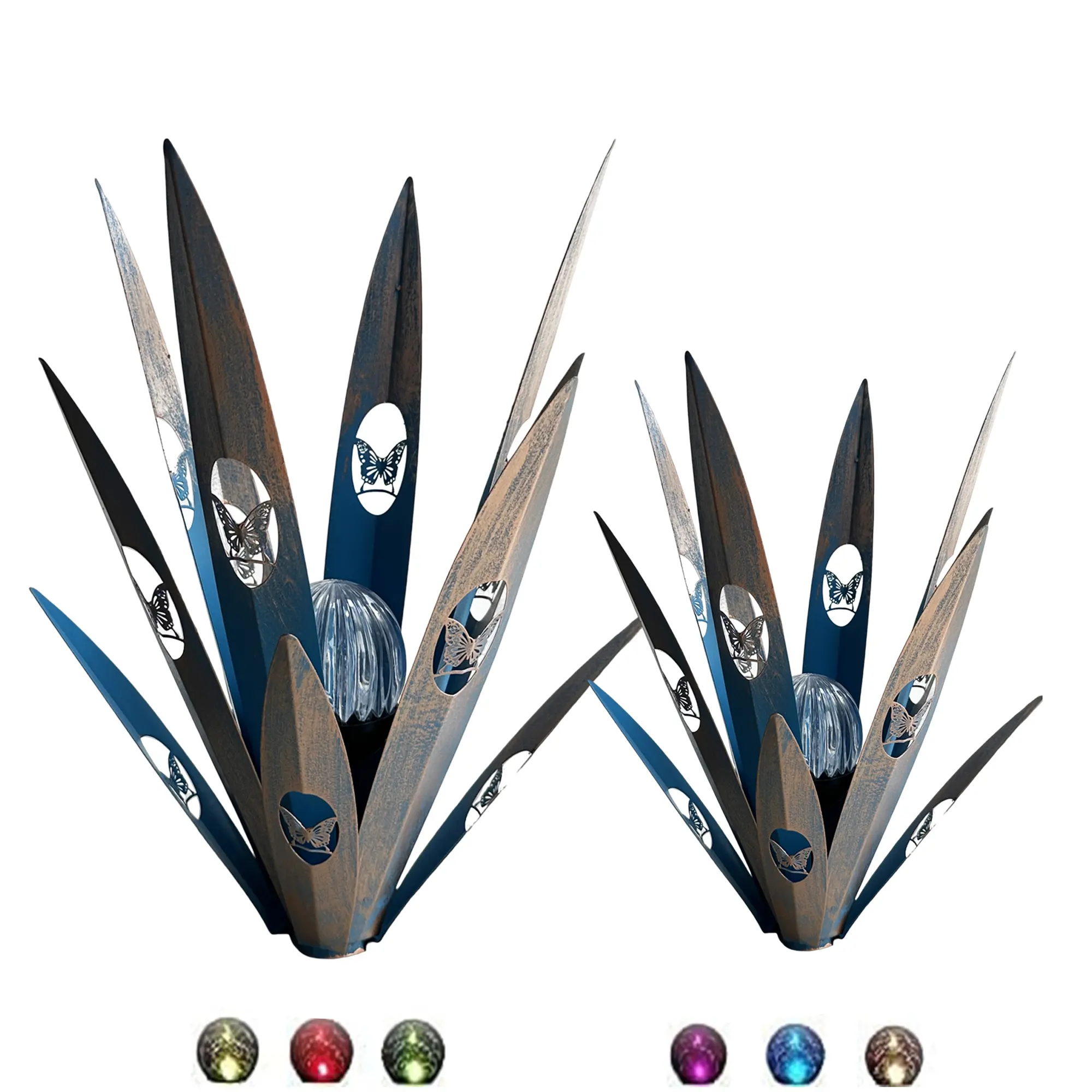 2-Pack Solar Agave Garden Lights - Galvanized Steel Color-Changing LED Butterfly Outdoor Decor, Waterproof Solar Power Pathway Lights for Decks, Father's Day Gift for Adults