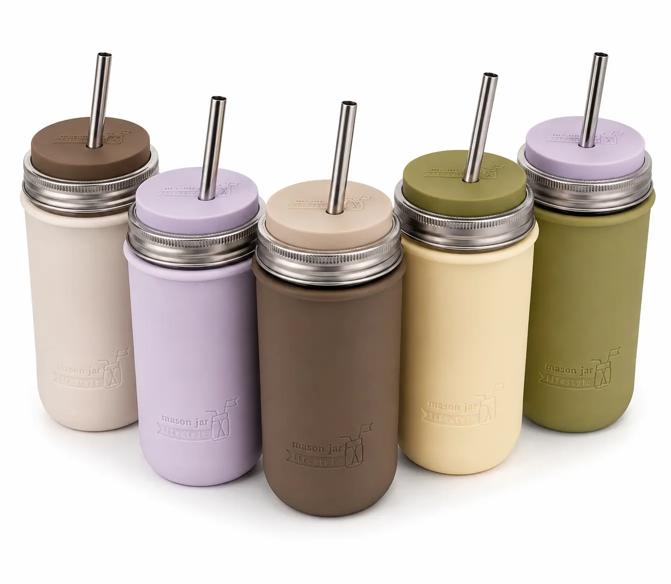 Mason Jar Lifestyle 24oz Pint & Half Water Bottle Travel Tumbler with Silicone Sleeve & Straw Lid (Neutrals)