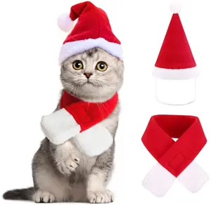 YUJUN 2PCS Cat Santa Hat with Scarf Outfit for Puppy Kitten Christmas Party Costume Supplies