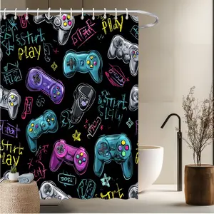 1pc Game Theme Bath Curtain-2D Flat Colorful Game Controllers Cartoon Elements Graffiti Style Print Home Bathroom Decor 70.8x70.8 inches