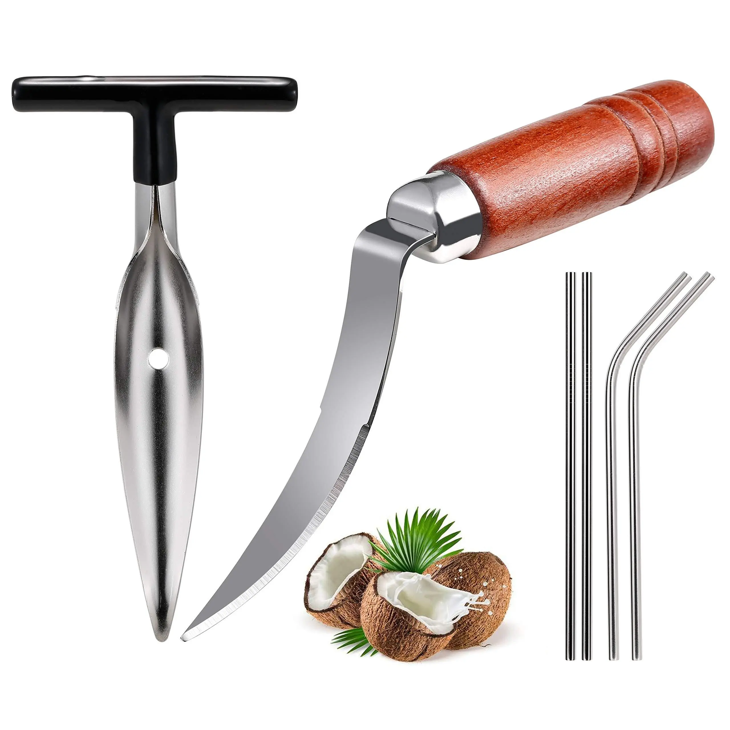 1Set Coconut Opener Tools, Stainless Steel Coconut Puncher with Straws, Brush, Coconut Meat Remover with Wood Handle, For Green & Young Coconut