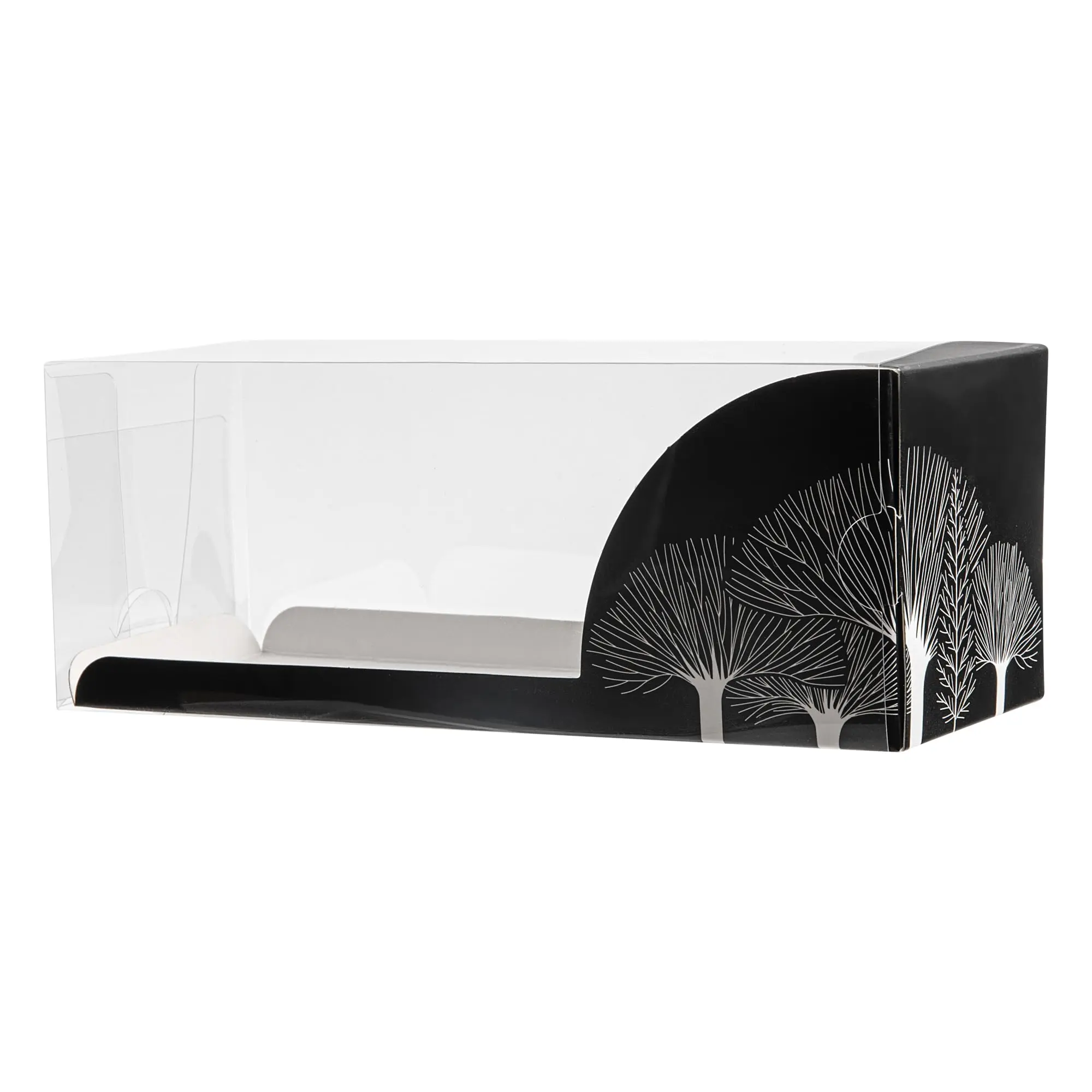 Restaurantware-7 Inch x 2.5 Inch Clear Dessert Boxes, 100 Black Paper Sleeve Transparent Candy Boxes - Tree Accent, No Grease Lining, Clear Plastic Clear Favor Boxes, Crack Resistant, Disposable