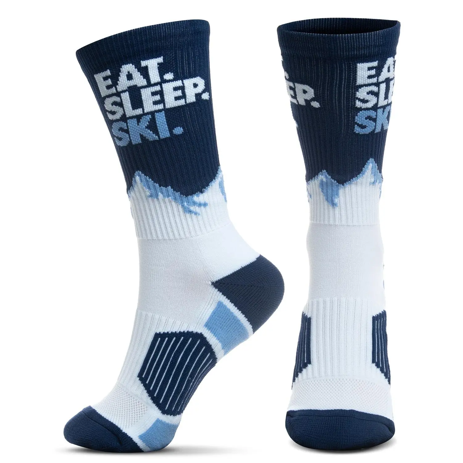 Adults' Skiing Woven Mid-Calf Socks - Skiing Specific, Athletic, Lightweight Stretchy, Performance Material Blend, Stay Up Tech, Eat. Sleep. Ski Motif, Dry Feet Solution, Breathable Quick-Dry, Supportive Arch Band, Ventilation Zones, Great Gift
