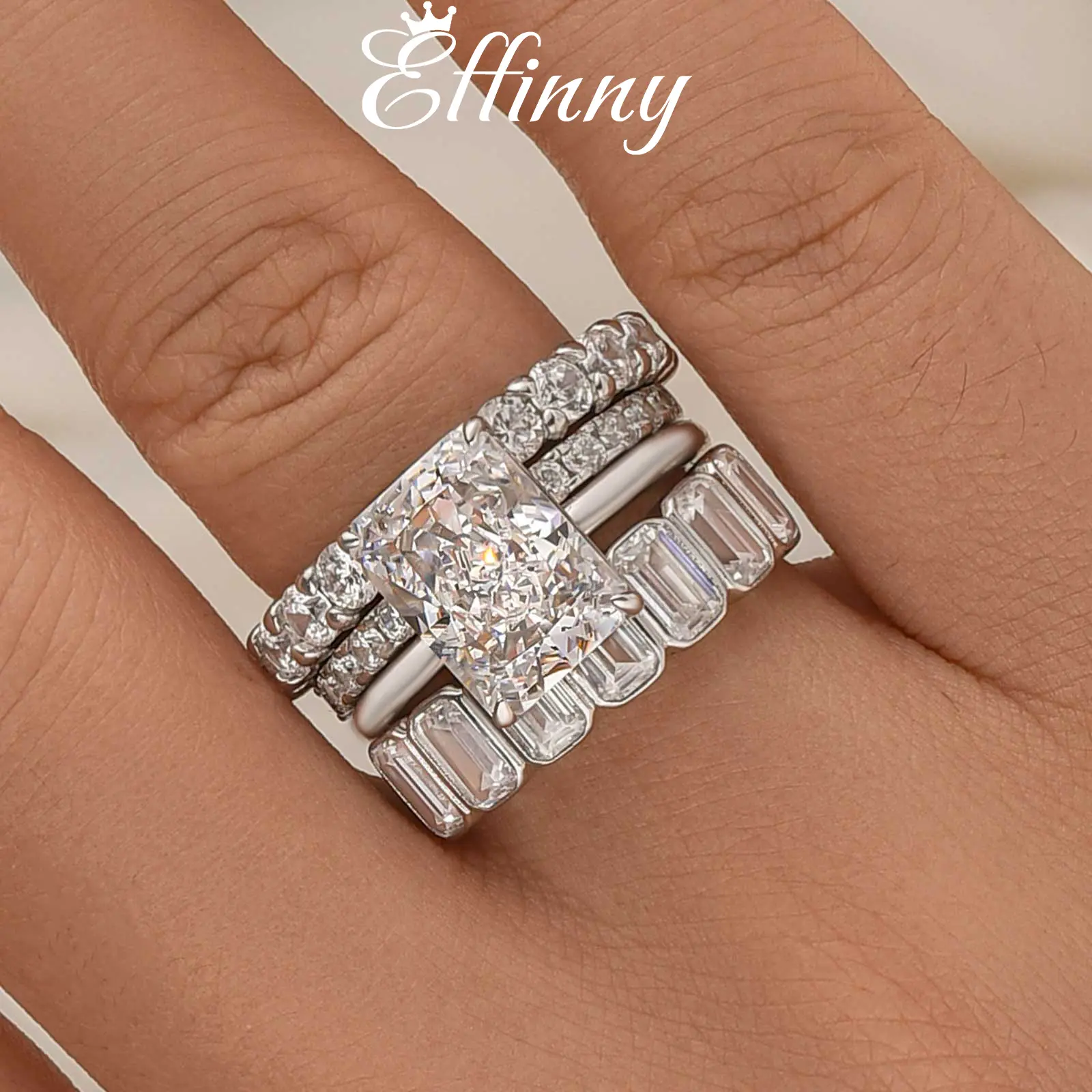 Effinny Jewelry 5.0ct Radiant Cut 4PC Solitaire Wedding Ring Set, S925 Sterling Silver Women's Ring, 5A Cubic Zirconia Bridal Stacking Rings Set for Travel, Daily, Statement Rings, Round Cut Rings