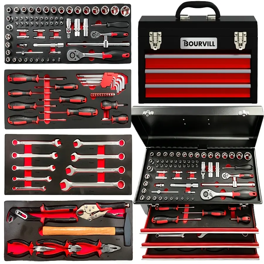 BOURVILL108-Piece 3-Drawer Tool Organizer, Heavy Duty Tool Storage Box with Drawers, Portable Tool Chest for Garage Workshop Hand Tools Screws Nuts Bolts, Stackable Hardware Organizer Case fathersdaygift summervibes️
