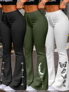 Women's Casual Wide-Leg Pants, Butterflies, Drawstring Waist Design, All-Season Wear, Fitted H-Type Yoga & Running Trousers, 3-Pack