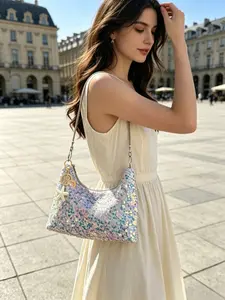 Women's Crossbody Bag with Sequins, Full Rhinestone Shoulder Strap, Detachable Charm, Fashionable Daily Beach Holiday Bag, Elegant Rhinestone Bag