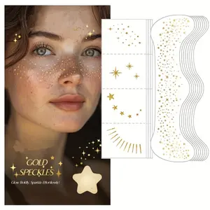 10pcs Temporary Face Tattoo Stickers - Glitter Tattoos Waterproof Shimmering Golden Star Body Makeup, Temporary Facial Markings for Parties, Christmas, New Year’s Eve, for women & (Easy Application, No Tools) Body Fake Tattoos