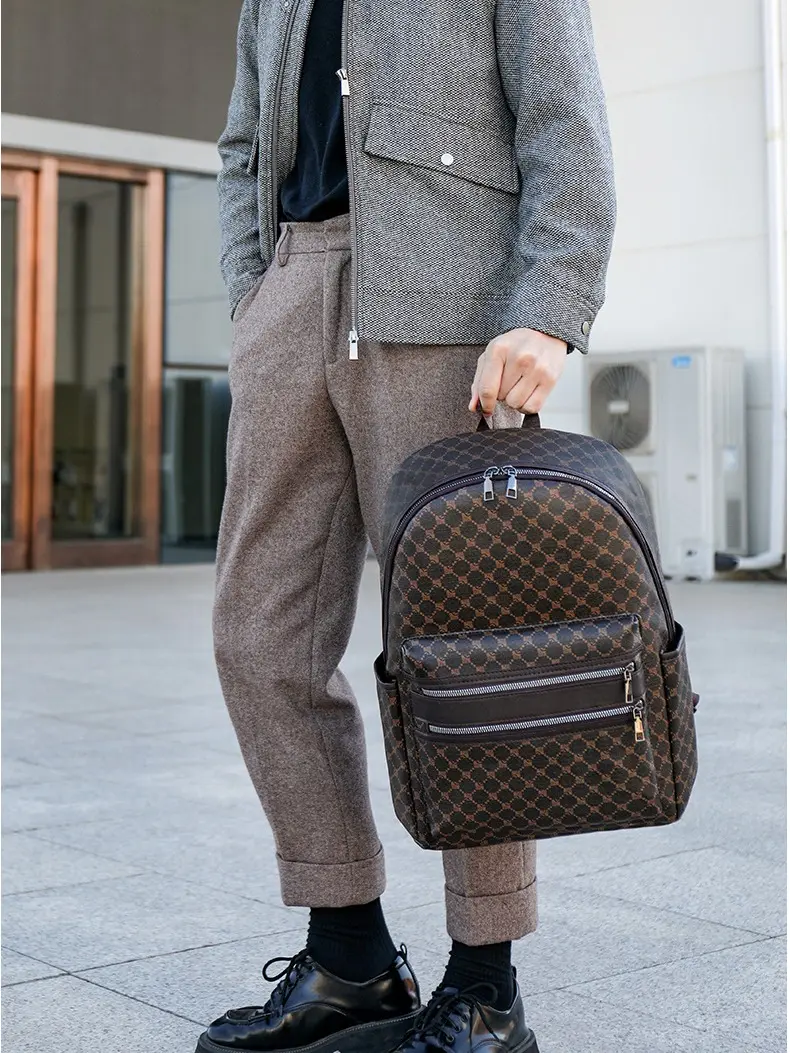 Large Capacity Men's Backpack PU Leather, Fashionable Plain Design, Business 15 Inch Laptop Bag, Travel & College Use