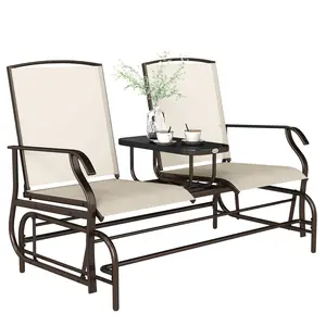 Beige Metal-Frame Outdoor Glider Bench with Center Table, Breathable Mesh Fabric, and Armrests – Patio Loveseat for Backyard, Garden