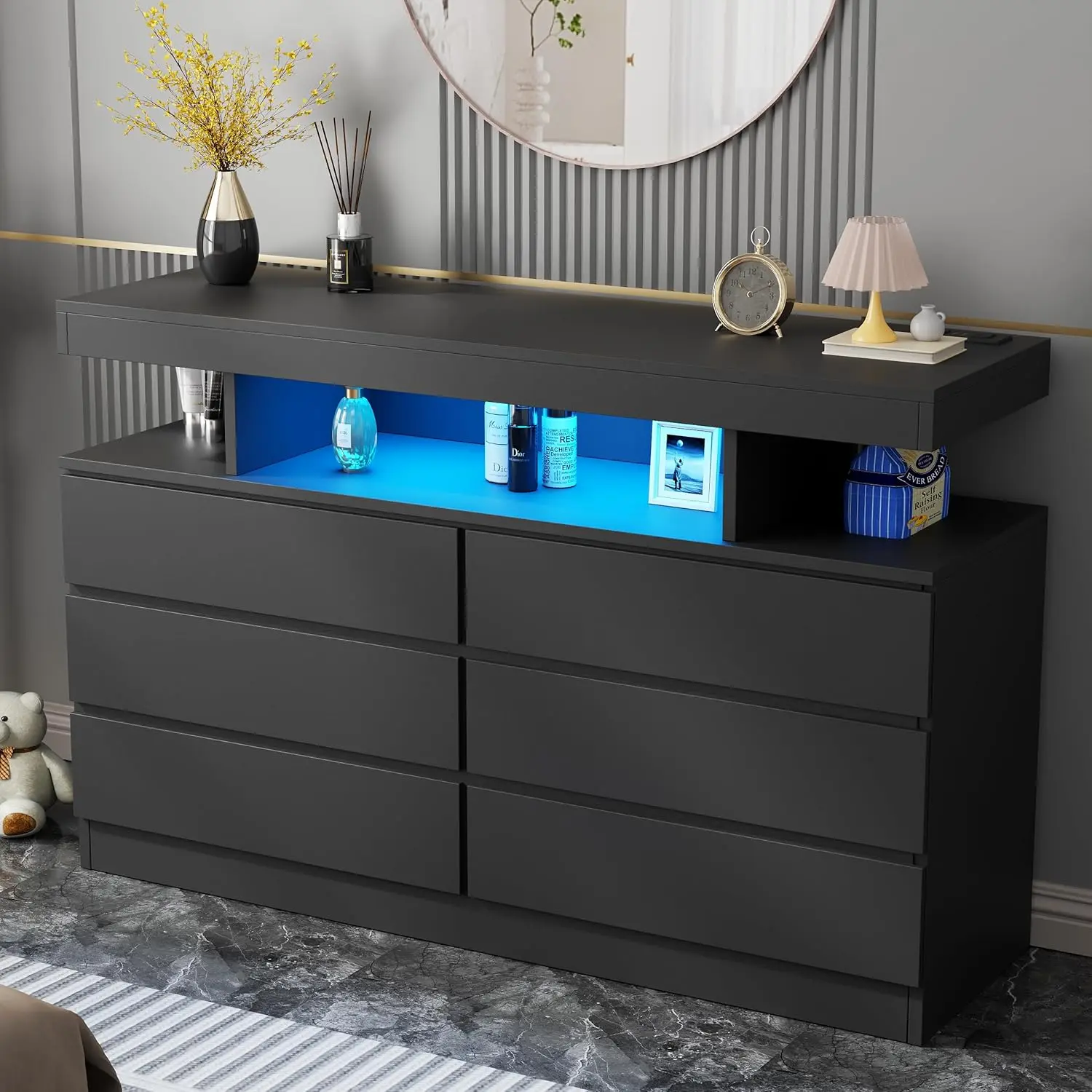 BEWISHOME Black 6-Drawer Dresser Cabinet with Charging Station, LED Lights, Open Shelf, 8+1 Storage & Extended Storage Solutions, Modern Wide TV Stand with Open Space, Ideal for Living Rooms and Bedrooms KCG02B