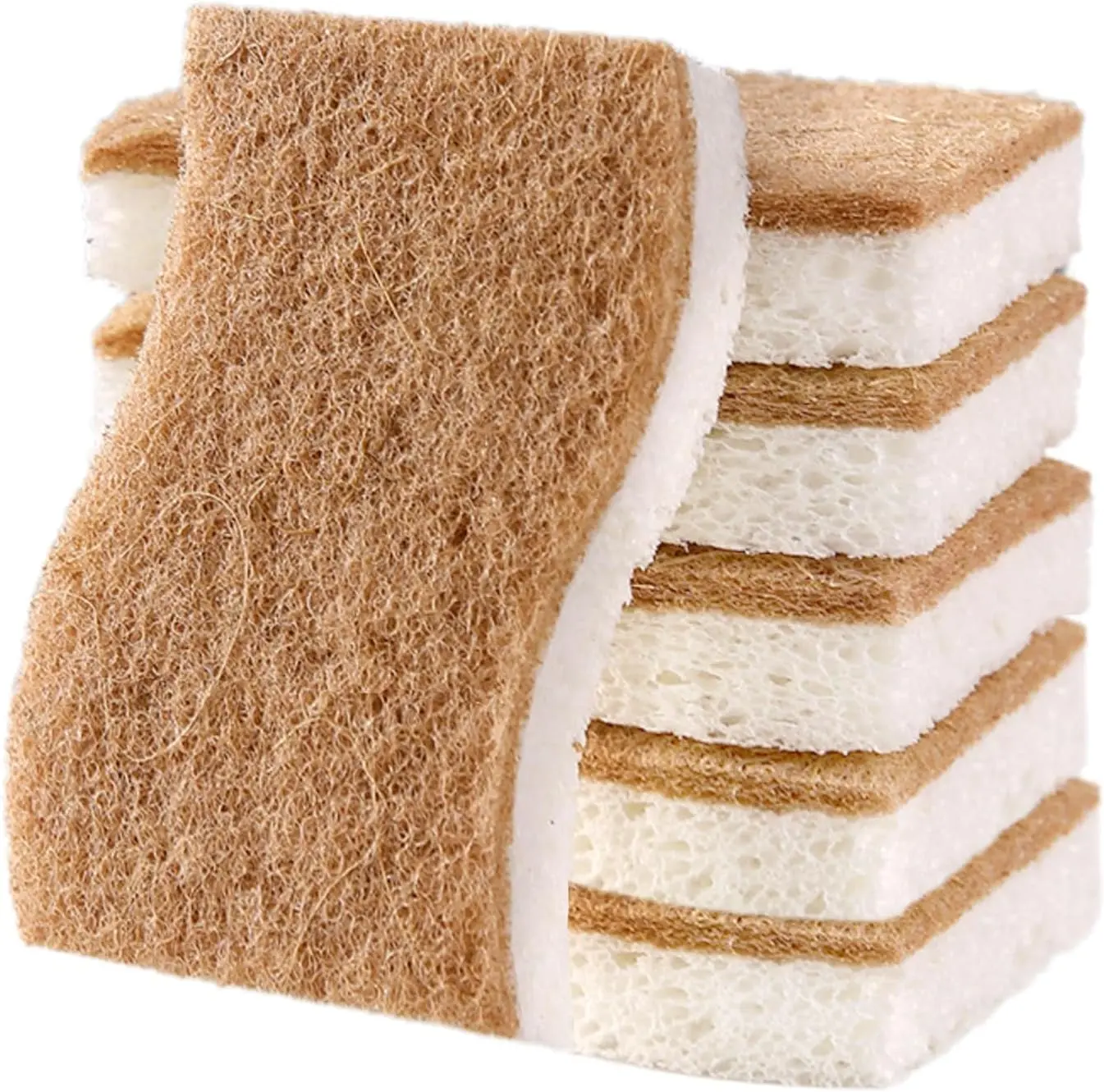 Wood Pulp Cotton and Sisal Double-Sided Cleaning Sponges, Non-Scratch, Absorbent, Hard-Wearing, Pack of 6, for Kitchen Countertops, Sinks, and More