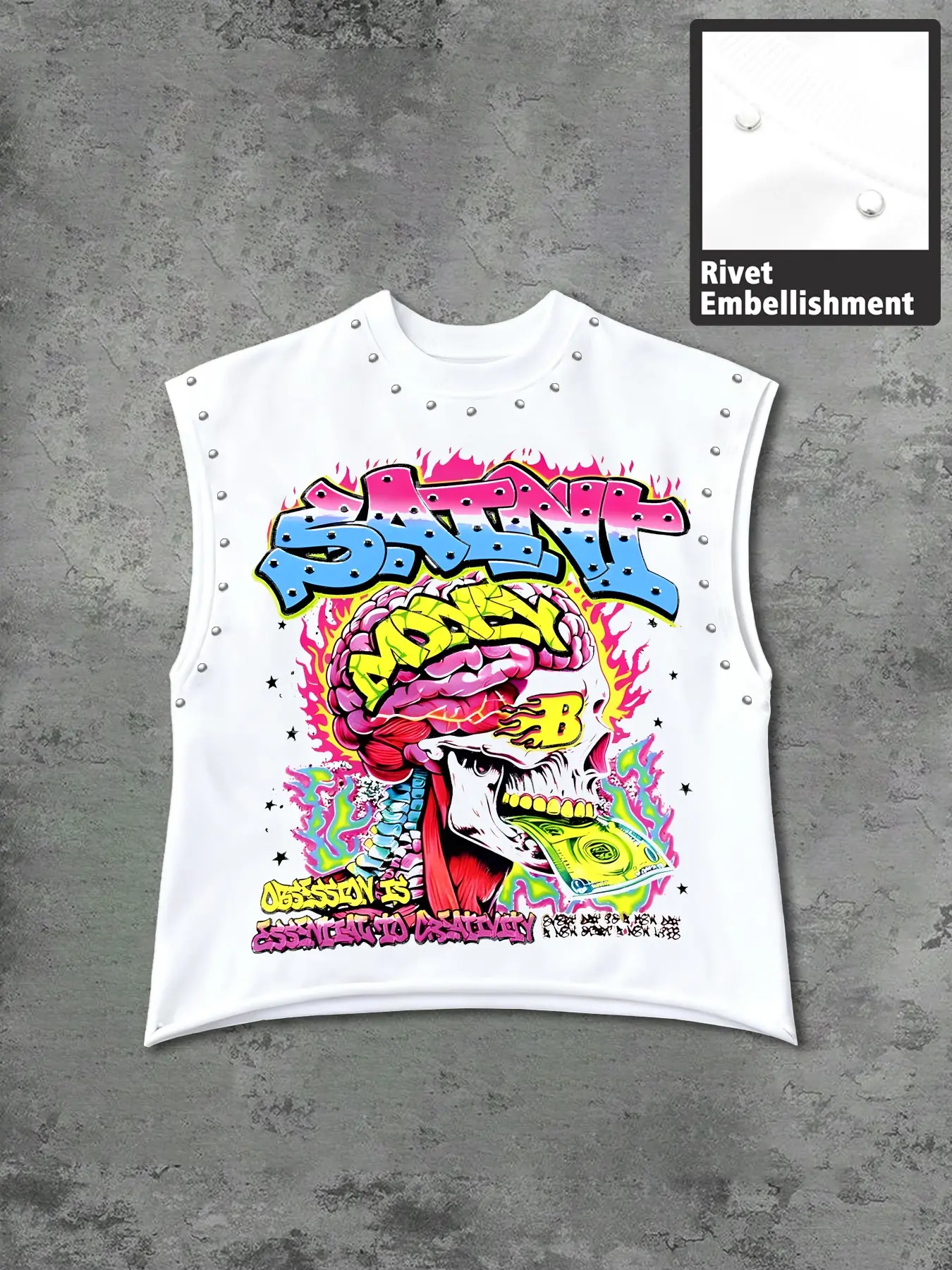 American Street Rivet Sleeveless Vest, Colorful Skull Brain Graphic Print, Rivet Detail, Casual Fitted Design, Perfect for Daily Wear and Skateboarding, Menswear, Graphic Tank Top, Casual Tank Tops