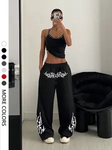 Women's Gothic Print Loose-Fit Wide Leg Long Pants, Casual Home & Outdoor Wear, All-Season Comfortable Straight-Leg Trousers, Bottom