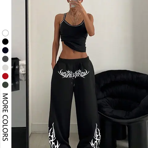 Women's Gothic Print Loose-Fit Wide Leg Long Pants, Athleisure Style Pants, Casual Home & Outdoor Wear, All-Season Comfortable Straight-Leg Trousers, Casual Chic Trousers, Casual Lounge Pants, Casual Comfy Baggy, Bottom, Womenswear