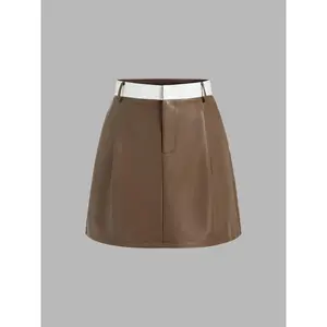 Cider [size 2-10] Faux Leather High Rise Solid Contrasting Binding Mini Skirt