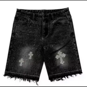 Men's Black Denim Shorts with Cross Embroidery and Distressed Hem Menswear Jeans Pants Stylish Shirts