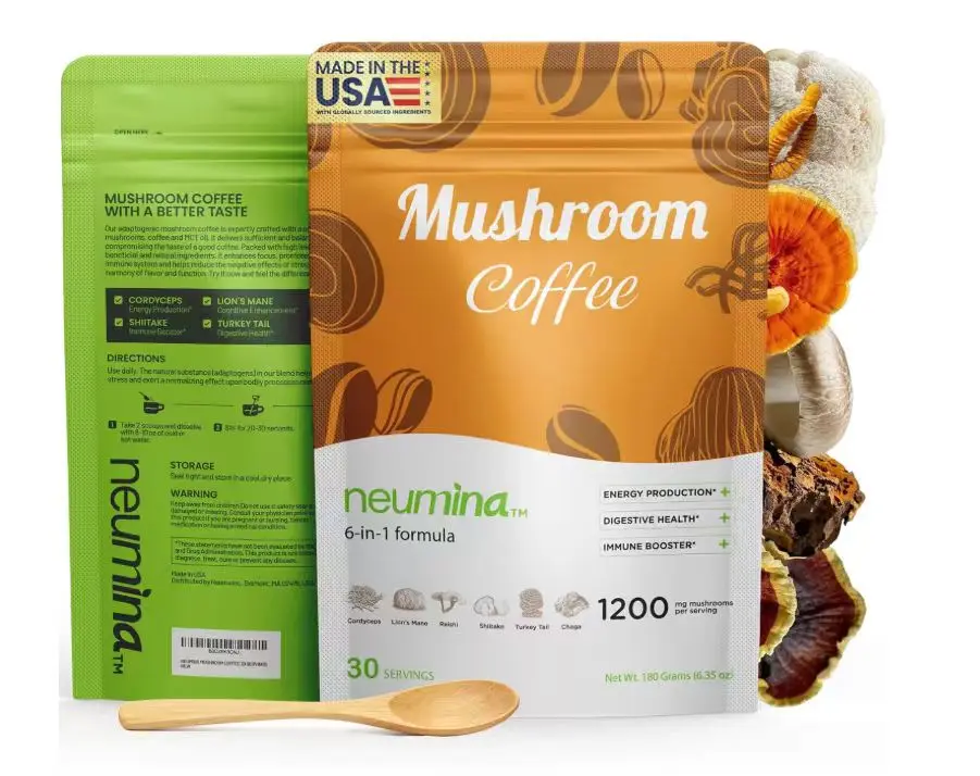 Neumina Mushroom Coffee Beverage 6-in-1 - 1200mg Functional Mushroom Blend, 30 Servings for Energy, Focus, Daily Wellness