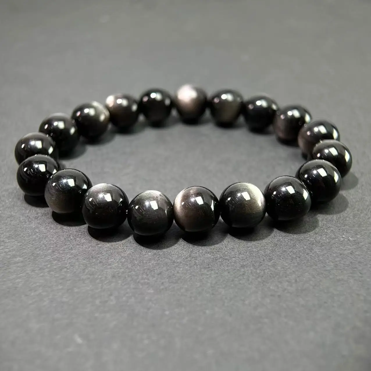 Unisex High-Grade Silver Sheen Obsidian Stone Round Bead Single-Loop Bracelets, Natural Crystal Healing Energy Jewelry, Bracelets for Women for Daily Wear