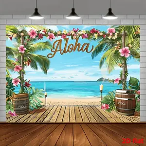Vibrant Hawaiian Aloha Party Banner & Polyester Grass Table Skirt Set, 1pc with 2D Flat Tropical Beach Scene, Palm Trees, Flip-Flops for Luau, Birthday Parties