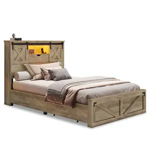 Sikaic Twin Size Bed Frame with 2 Storage Drawers and LED Lights Rustic Oak Bedroom Furniture