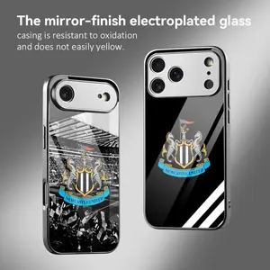 PIKPAKA Fashion Newcastle United Phone Case For iPhone 17 16 15 14 13 12 Pro Max Plus Electroplated Metal Bumper Case Ultra-Slim Tempered Glass Back Shockproof Anti-Scratch Luxury Armor Fashion Protective Case