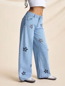 Women's High Waist Light Washed Denim Wide Leg Pants, Floral Embroidered Hollow Out Design, Loose Straight Fit Jeans Embroidery Flower Womenswear