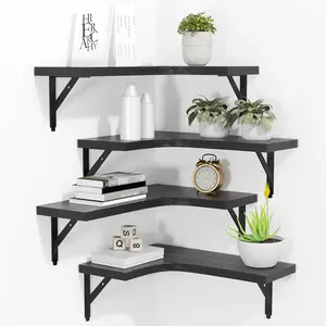 Corner Floating Shelves Wall Mounted Set of 4 – Rustic Wood Corner Wall Shelves for Storage & Display, Space-Saving Shelving for Bathroom, Kitchen, Bedroom, Living Room & Office, Black Corner Shelf for Home Decor & Organization