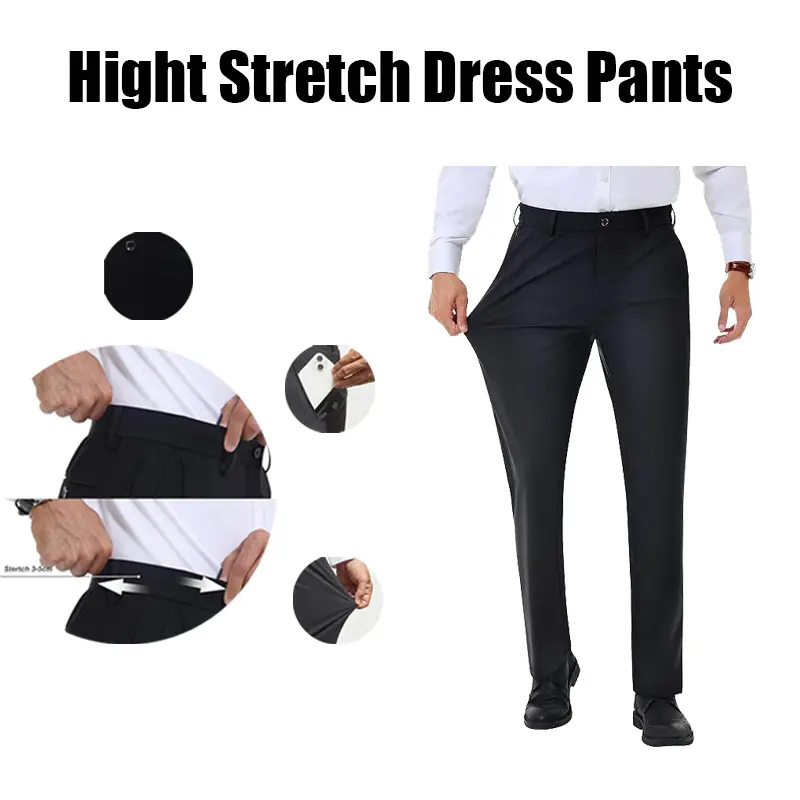 Alimens&Gentle Men's Stretch Dress Pants No Iron Golf Pants Expandable Waist Flat Front Business Casual Pants Formal Black