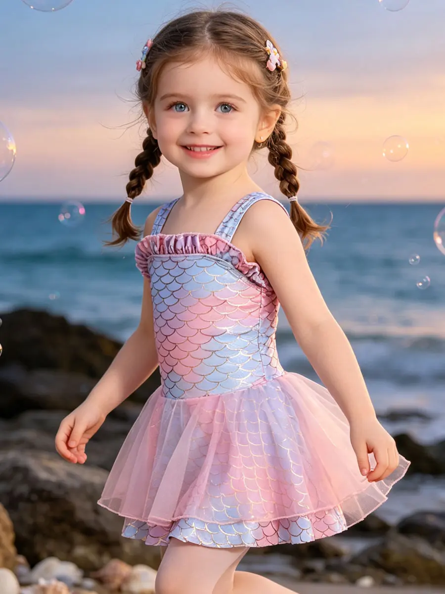 Girls' Gradient Mermaid Scale Spaghetti Strap Tutu 1-Piece Swimsuit with Ruffle Trim, Free Matching Swim Cap, Princess Bathing Suit for Beach, Pool Vacation