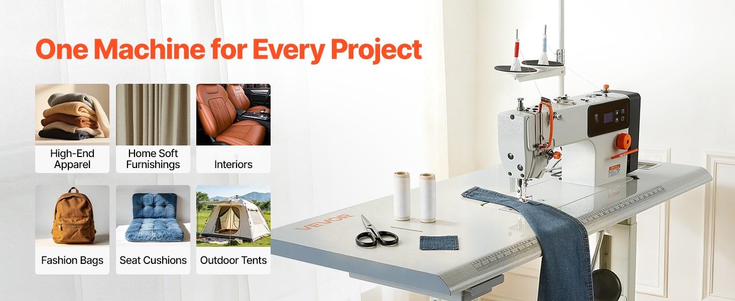 Industrial 550W Lockstitch Sewing Machine Set With Servo Motor And Table Stand, High Speed 5000 SPM, All Metal Frame, LCD Panel, Bright LED Work Light, Quilting And Garment Sewing For Cotton Wool Denim Leather Canvas