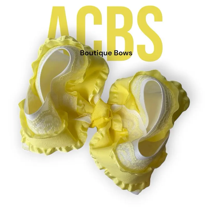 ACBS Hair Clips Yellow & White Boutique Bow 4-5 Inches Handmade in USA,