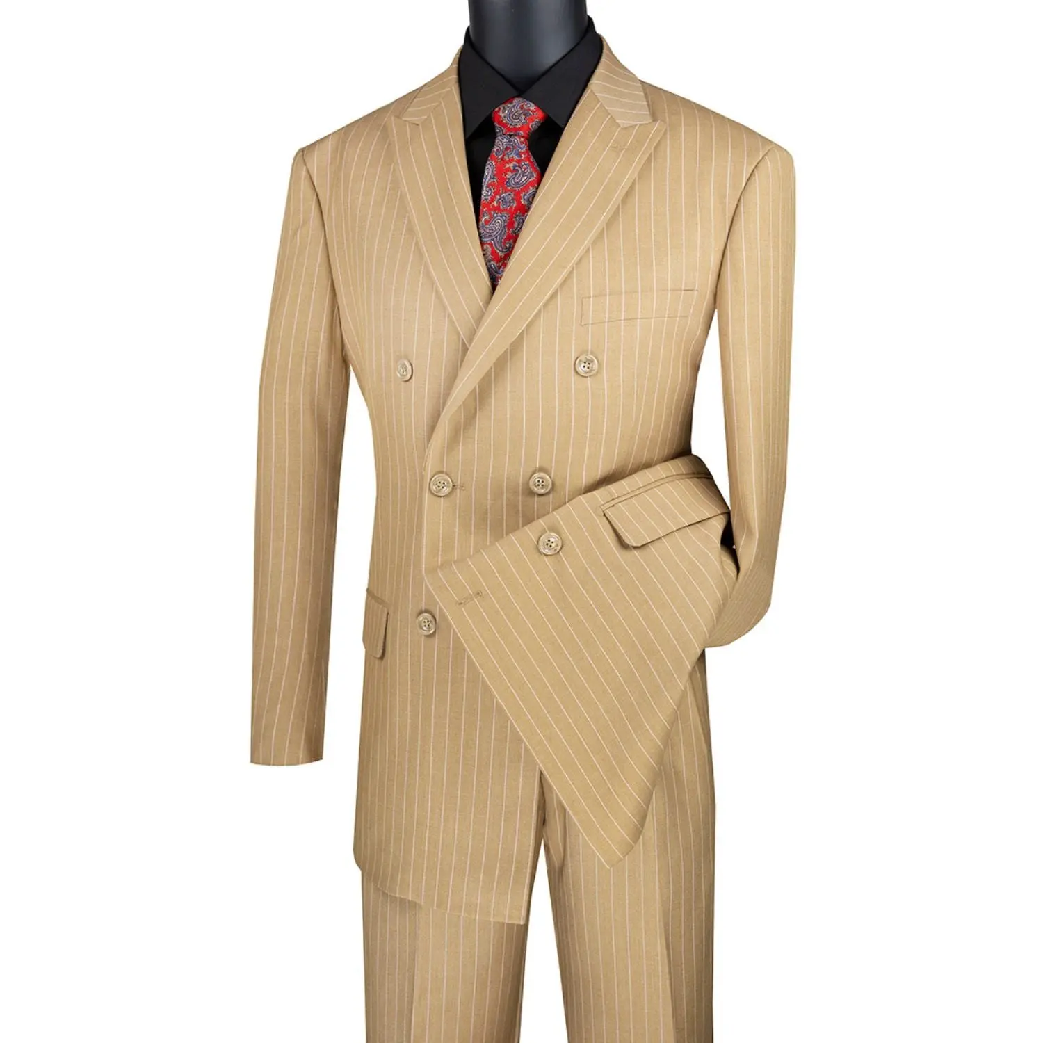 Men’s Gangster Stripe Double-Breasted 2-Piece Suit Peak Lapel - Camel