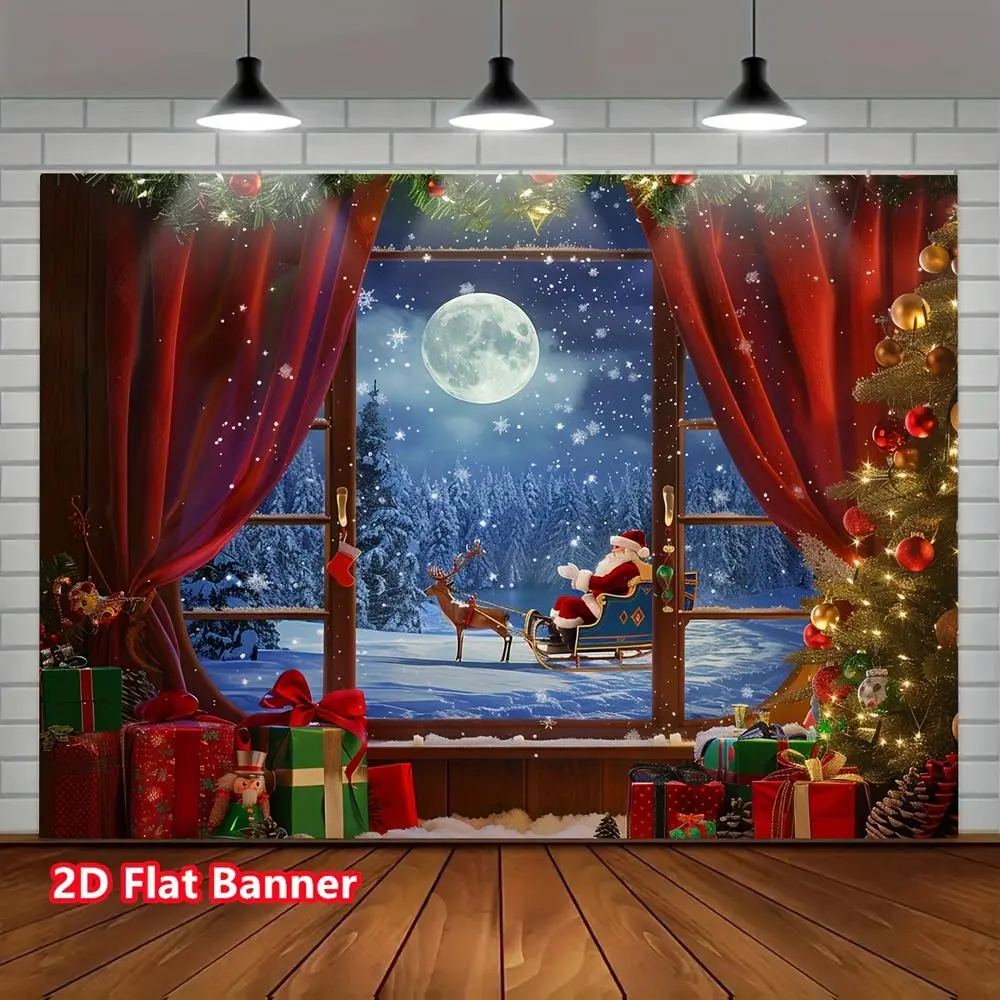 2D Flat Polyester Wall Hanging Backdrop Banner - Rustic Wooden Window Festive Decor with Xmas Tree, Moon Night, Santa Claus, Elk - Party Decoration for Living Room, Bedroom