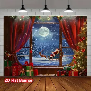 2D Flat Banner Christmas Window Winter Wonderland Photography Backdrop Xmas Tree Rustic Wooden Window Moon Night Santa Claus Party Photo Background Winter Snow Moon Elk Banner Decor for Living Room Bedr