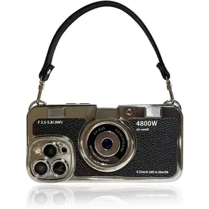 3D Retro Camera Phone Case with Hand Strap - Unique Cool Silicone PC Shockproof Crossbody Protective Case for iPhone 16 Pro - Black