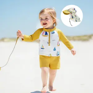 Boys Rash Guard Swimsuit Set Sailboat Print Long Sleeve Zipper Tops with Solid Shorts and Swim Hat 3 Pcs Outfits