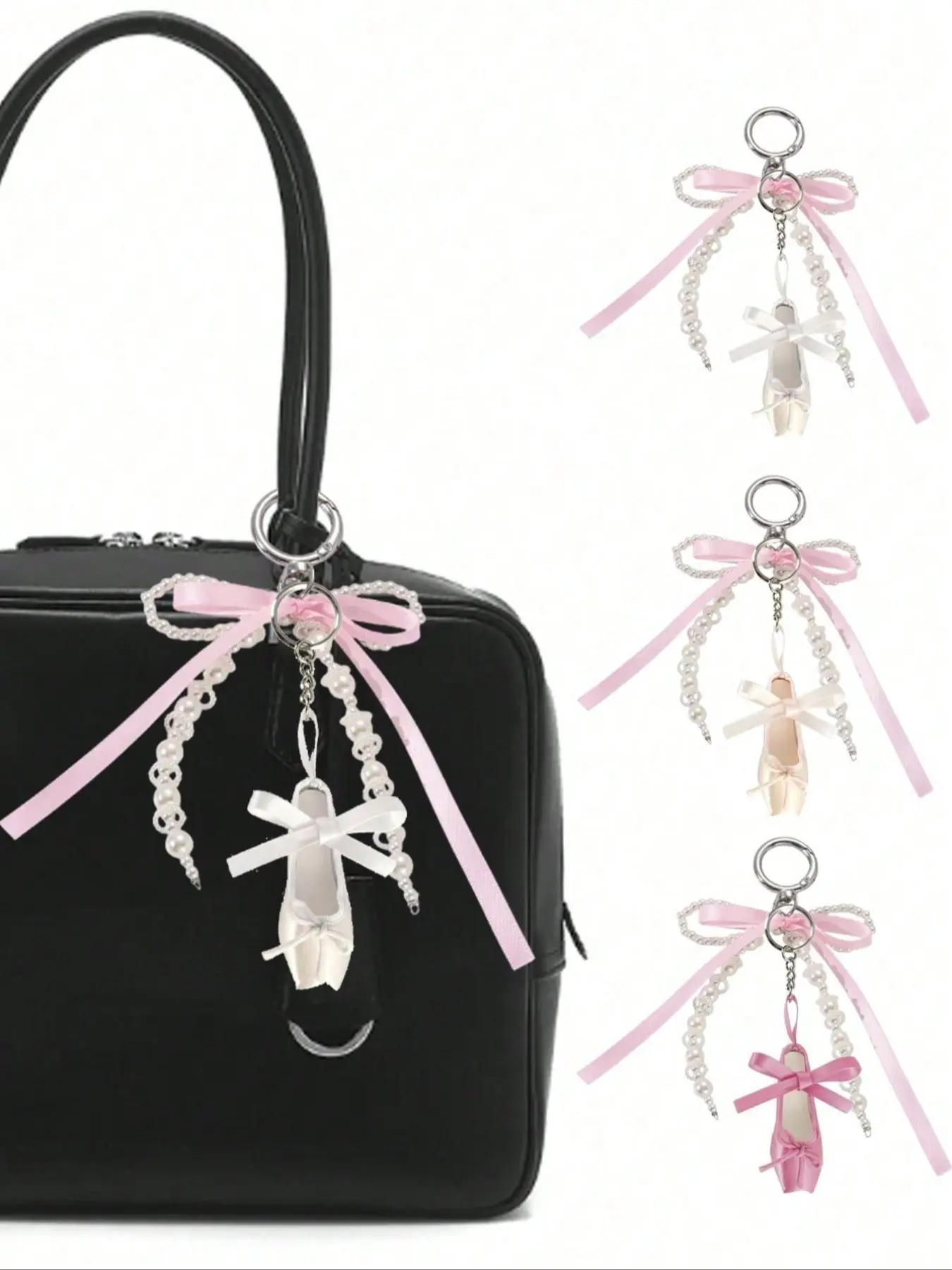 Handmade Ballet Shoe Phone Chain, Keychain For Bags, Ballet Style Jewelry Mini Shoe Satin Keychain, Pink Bead Hanging Decoration Ballet Shoe Keychain, Detachable In Any Combination, Accessory, Personalized Gift For Family And Friends, Bag Hanging