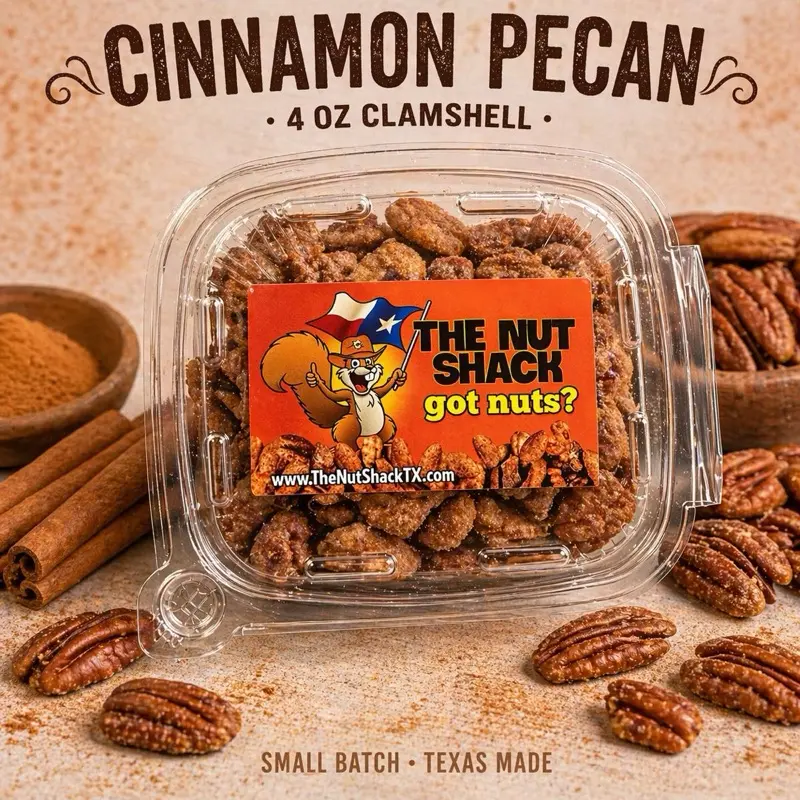 The Nut Shack Cinnamon Roasted Pecans 4oz Clamshell Texas Made Snack Warm Sweet Crunchy Cinnamon Sugar Glaze Holiday Friendly Gift - Protein