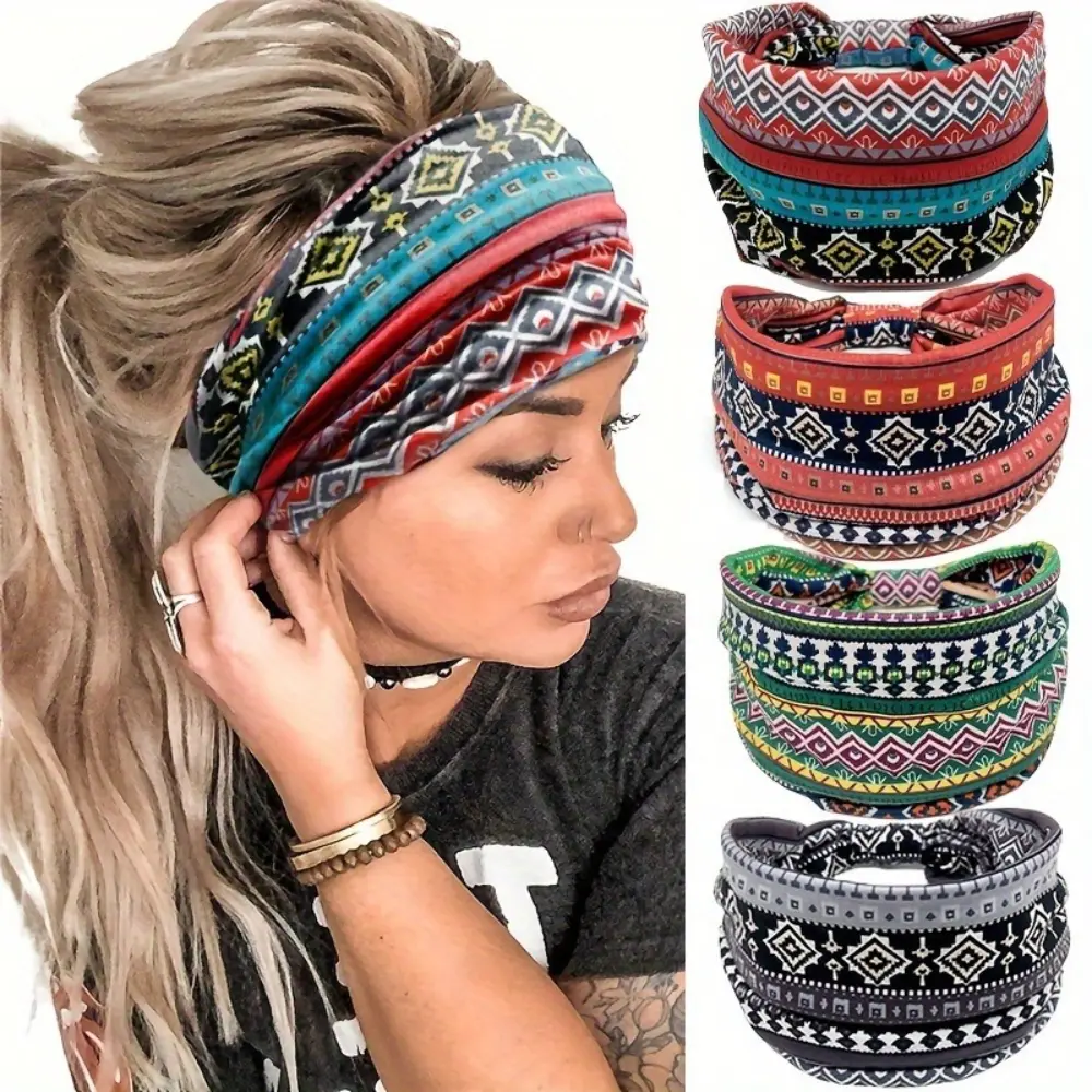 4 Piece Bohemian Headband Bright Geometric Design Soft Headband Stylish Elastic Headband Daily Use Hair Accessories