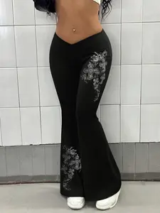 Women's Gothic Flare Pants, Y2K Retro Style, Streetwear Cross Print Stretch Flare Pants, Casual & Comfy Elastic Waist Design, Year-round Wear for Fashionable Daily Outfits