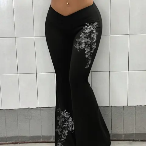 Women's Gothic Y2K Retro Style Flare Pants, Flared Cut Cross Print Stretch, Streetwear Casual Comfy Elastic Waist Year-Round Chic Bottoms