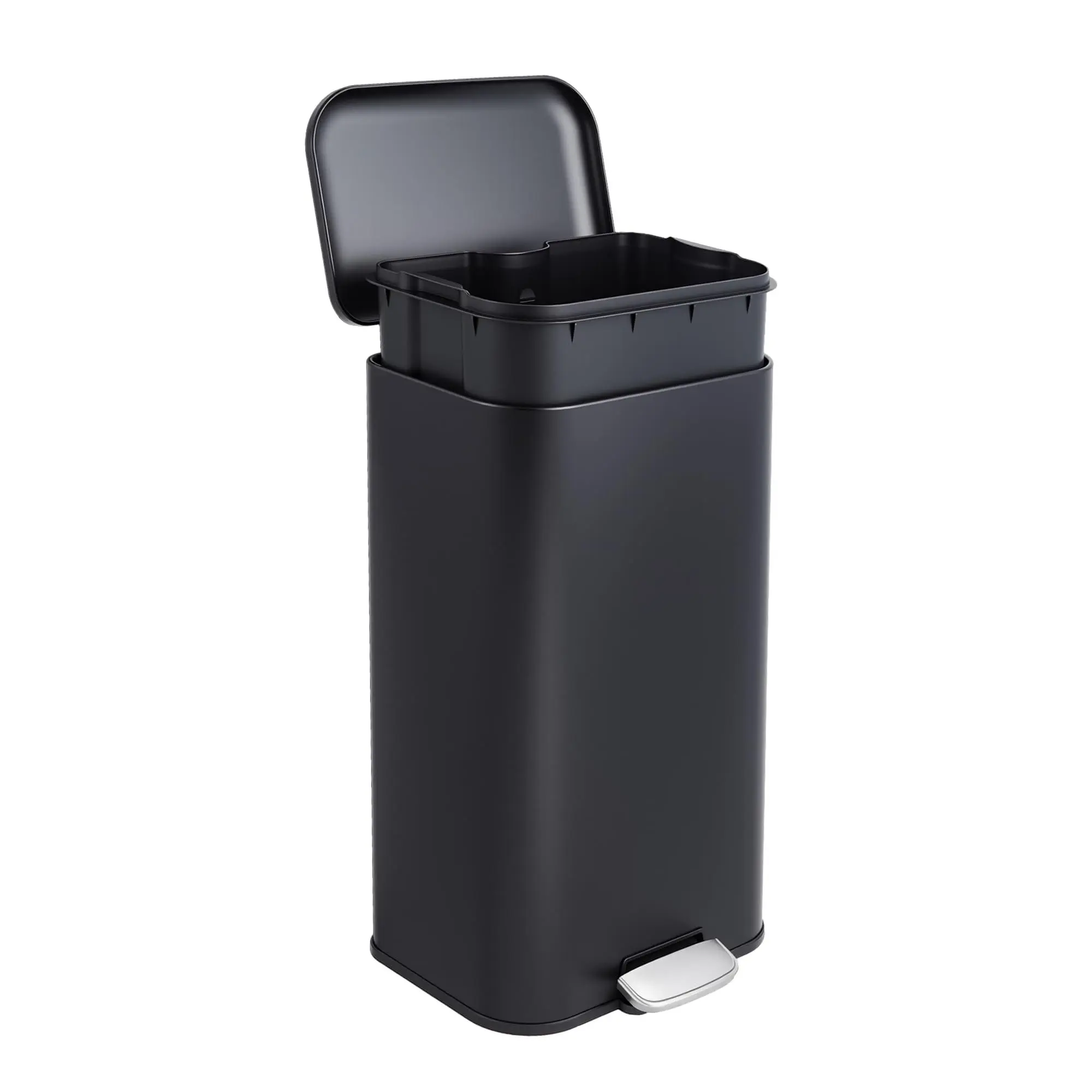 GARVEE 30L (8gal) Fingerprint-Proof Stainless Steel Modern Rectangular Kitchen Bin - Soft Close Lid, Step Pedal, Removable Bucket, Anti-Slip Bottom, Single Black Household Kitchen Trash Can