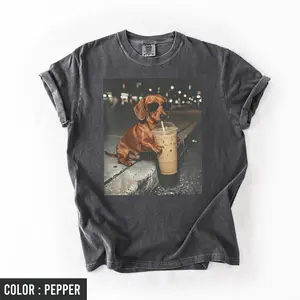 Dachshund Drinking Iced Coffee Shirt, Funny Dog Meme Tee, Animal Shirt, Coffee Lover Dachshund Meme Shirt, Comfort Colors T-Shirt, Unisex Tee