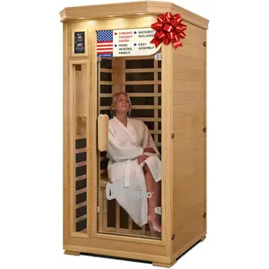 LifePro Rejuvacure Low-EMF Wooden Far Infrared Sauna for Home - Tempered Glass Door 1 Person Indoor Sauna Box with 7 Chromotherapy, Bluetooth Speakers, Canadian Hemlock Wood and Carbon Fiber Heaters