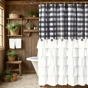 Farmhouse Ruffle Shower Curtain with Handmade Vintage Buttons, Country Buffalo Plaid Fabric Black and White Shower Curtains for Master Bathroom, Bathroom Decor Shower Curtain with 12 Holes,72" x 72"